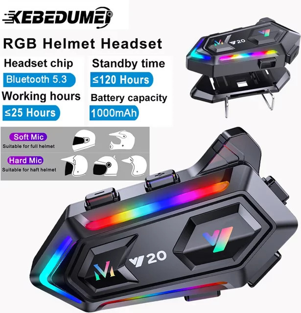 kebidumei Y20 Bluetooth-Motorradhelm-Headset mit RGB-Beleuchtung, HD-Stereo und Geräuschunterdrückung in Schwarz/Multicolor - Bild 1