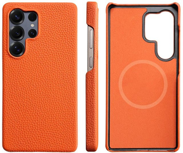 MagSafe Handyhülle aus natürlichem Rindsleder für Samsung Galaxy S24 S25 Ultra Plus in Braun und Orange - Bild 1