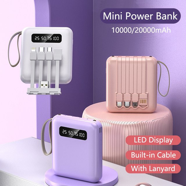 Mini Powerbank mit Schnellladung und 4 integrierten Kabeln, 20000mAh, Schwarz - Bild 1