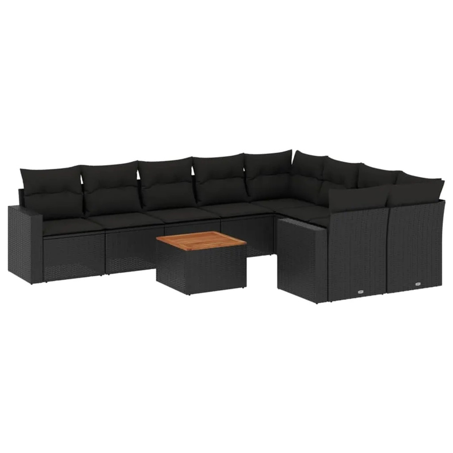 vidaXL 10-tlg. Garten-Sofagarnitur in L-Form aus Polyrattan und Akazienholz mit Kissen, Schwarz - Bild 2