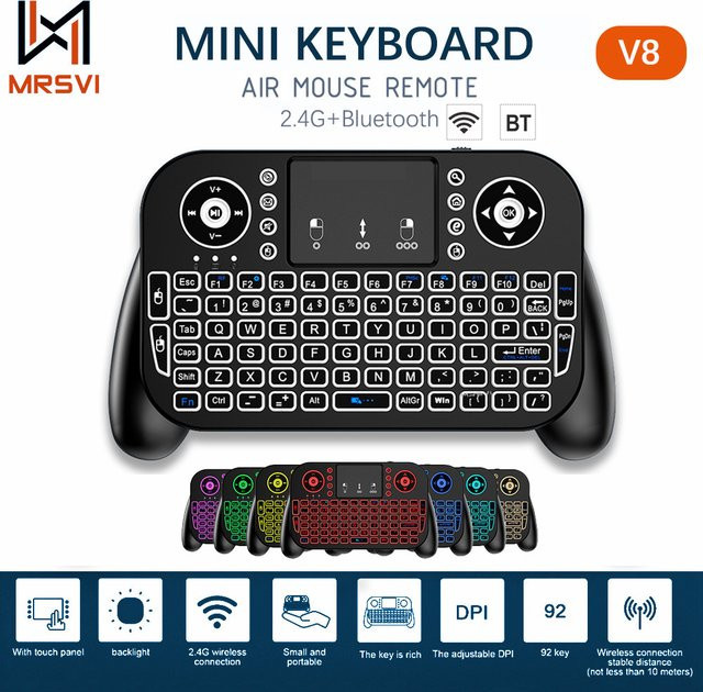 MRSVI V8 Mini-Tastatur mit Touchpad und Air Mouse Fernbedienung, 2,4G/Bluetooth, 7-Farben Hintergrundbeleuchtung, Schwarz/Multicolor, für Android TV Box, Smart TV, HTPC und PC - Bild 1