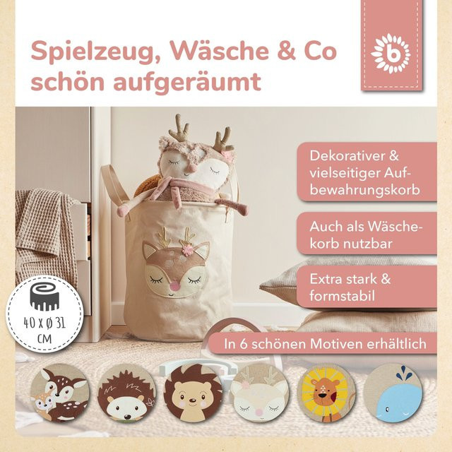 Bieco Wäschekorb und Spielzeugkorb Reh mit Griffen aus Baumwolle, faltbar, Farben: Sand, Pink, Beige, B/T/H: 38 x 31 x 40 cm - Bild 1