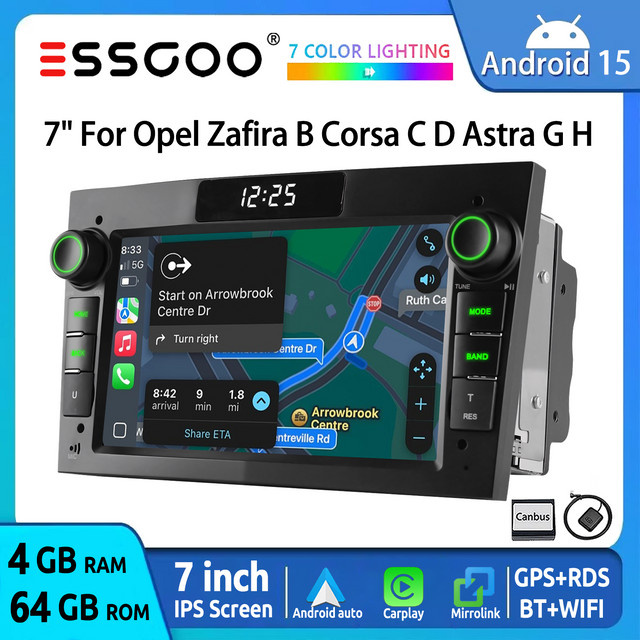ESSGOO Android 15 Autoradio mit 7 Zoll Display, 4GB RAM + 64GB Speicher, Carplay, Android Auto und Bluetooth für Opel Astra H, Corsa C, D, Vectra C, Zafira B, Signum, Combo in Schwarz - Bild 1
