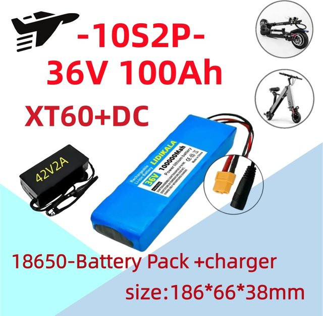 36V 10S2P 18650 Lithium-Akku mit 100Ah Kapazität in Blau mit XT60 und DC Dual-Interface für Elektroroller und faltbare Elektrofahrzeuge - Bild 1