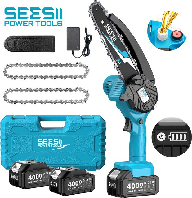Seesii Akku-Mini-Kettensäge mit 8000 mAh Akku und automatischem Öler, blaue elektrische Gartensäge für Holzbearbeitung, kompatibel mit Makita 18 V LXT, 15,2 cm - Bild 1