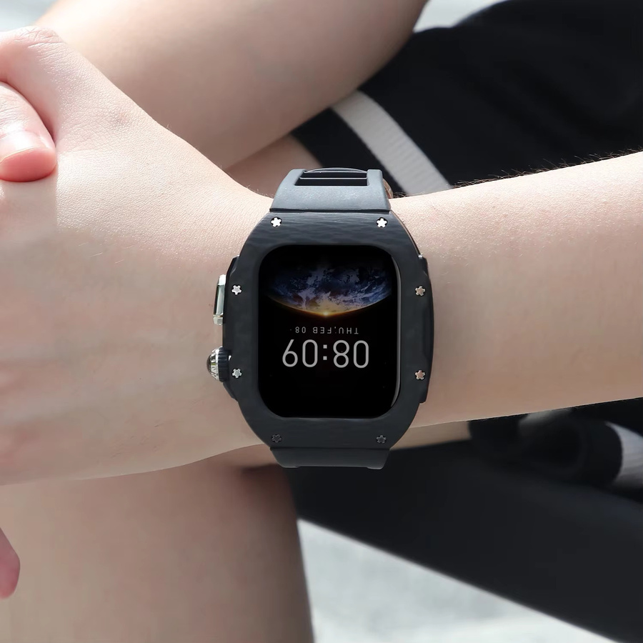 CHIICSMART Carbonfaser-Gehäuse Modifikations-Kit für Apple Watch Series 10 und 11 mit Gummiarmband, Schwarz, Unisex - Bild 3
