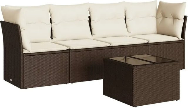 vidaXL 5-tlg Garten-Sofagarnitur in L-Form aus braunem Polyrattan mit Kissen und pulverbeschichtetem Stahlgestell - Bild 1