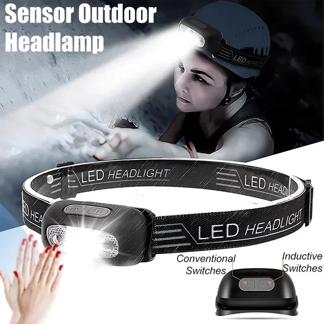 NEWBIRTH LED-Stirnlampe in Schwarz mit Wellensensor-Schalter, USB wiederaufladbar und wasserdicht für Outdoor, Camping und Angeln - Bild 1