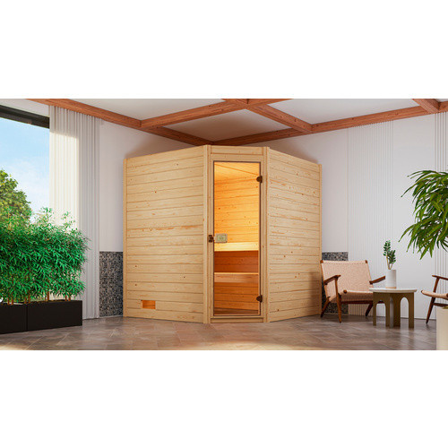 WEKA Massivholzsauna Valida Eck 1.8 in Braun mit 4,5 kW Ofen und externer Steuerung für 6 Personen - Bild 2