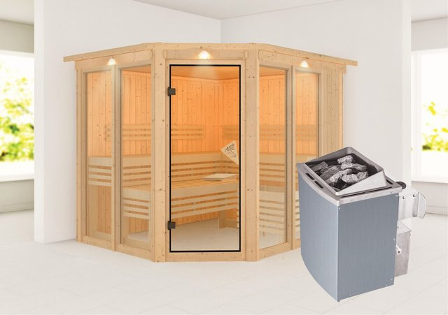 Karibu Sauna Airin 3 aus nordischer Fichte mit 9,0 kW Ofen, integrierter Steuerung und LED-Dachkranz, Farbe: Braun, B/T/H: 231 x 202 x 210 cm - Bild 1