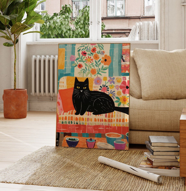 SHENCHEN Poster Katze auf dem Sofa mit Blumenmuster in Schwarz und Mehrfarbig - Bild 1