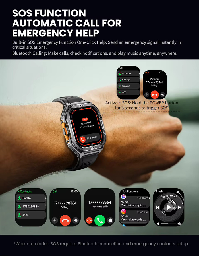 Uhoofit Smartwatch mit 1,96 Zoll AMOLED Display, GPS, Bluetooth Anruffunktion, Herzfrequenz- und Schlafüberwachung, 5ATM Wasserdicht, Unisex, Farbe: Schwarz/Silber - Bild 5