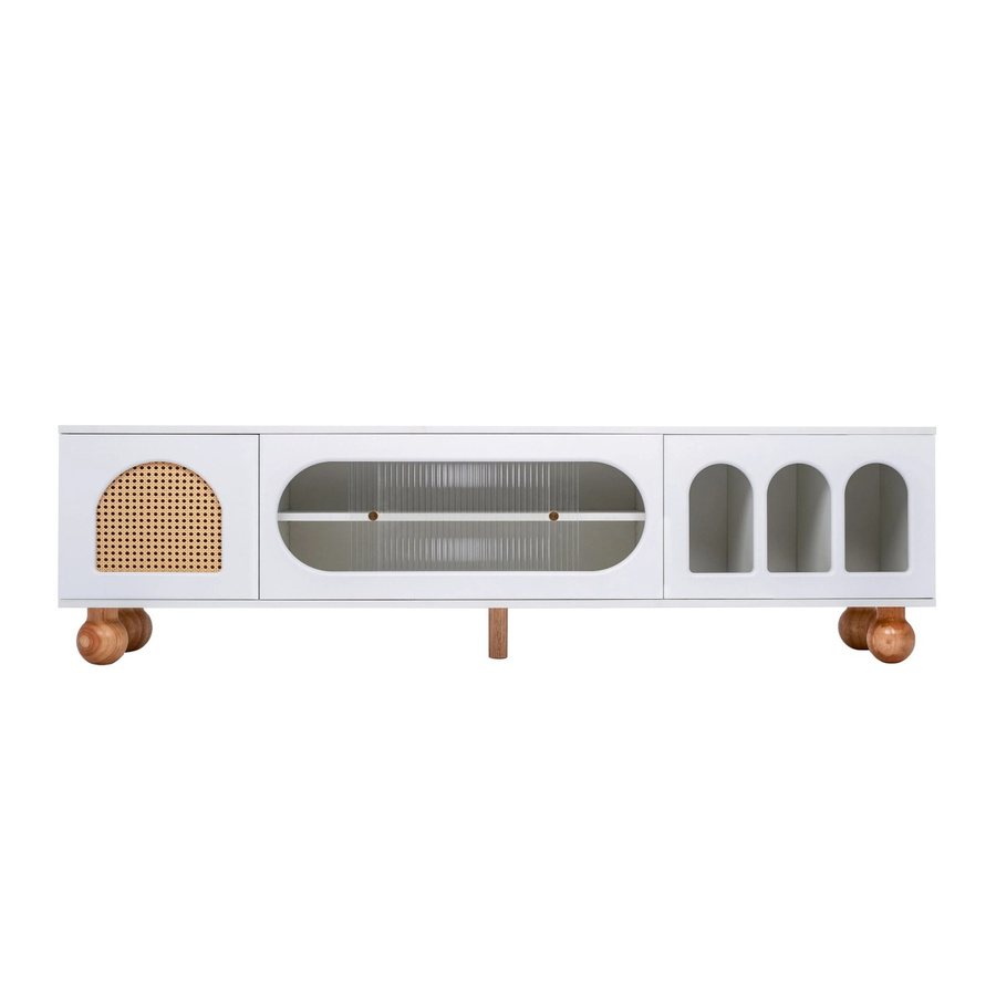 okwish TV Schrank in Weiß mit Rattan Glastür, offenen Bögen und goldenen Füßen, B/T/H: 170 x 47 x 47 cm - Bild 2