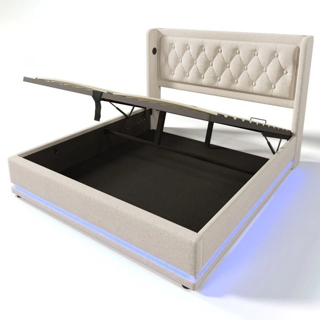 Merax Polsterbett mit LED-Unterbodenbeleuchtung und USB-C Ladestation, Beige, B: 160 cm, T: 200 cm, H: 101 cm bis 210 cm - Bild 1