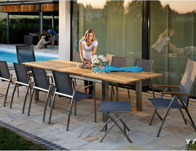 Diamond Garden Gartenmöbelset Venedig mit Levanto Ausziehtisch, Hochlehner Stapelstühle und Fußhocker, Schwarz/Silber, B/T: 220 x 100 cm bis 320 x 100 cm - Bild 1