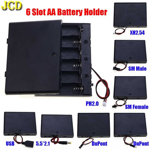 JCD AA Batteriehalter mit 6 Slots, schwarze Batteriefach-Box inklusive Schalter, Abdeckung und Anschlusskabel mit DC 5,5x2,1mm, PH2.0, XH2.54 und SM Dupont Terminals - Bild 1