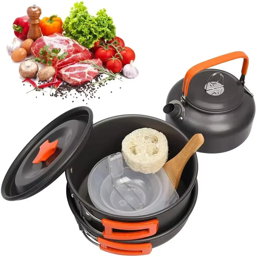 Tragbares Camping-Kochgeschirr-Set aus Aluminium in Grün mit Antihaftbeschichtung, bestehend aus Topf, Pfanne und Schüssel für Outdoor-Aktivitäten - Bild 3