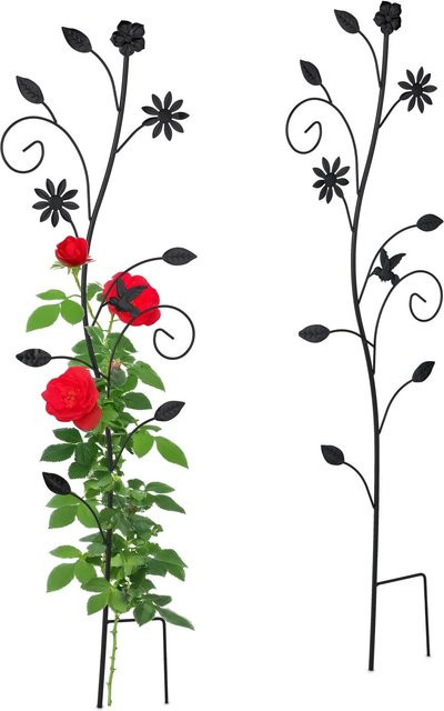 Relaxdays Rankhilfe Blumendesign aus Stahl in Schwarz, 2er Pack, Rankgitter mit Erdspieß für den Garten, Höhe: 110 cm, Breite: 34 cm, Tiefe: 1 cm - Bild 1