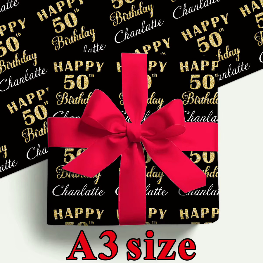 3 Blatt personalisiertes Bastelpapier für Geburtstagsgeschenke in Schwarz mit individuellem Happy Birthday, Name und Alter für deine Party-DIY-Verpackung - Bild 2