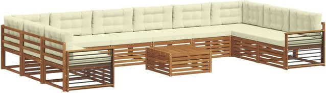 vidaXL Sofagarnitur 11-teilig in U-Form aus Massivholz Akazie mit Polstern in Beige und Natur - Bild 1