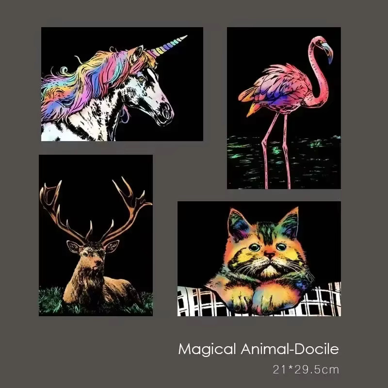 4er-Set A4 Scratch Art DIY Malsets mit bunten Tier- und Nachtmotiv-Motiven wie Löwe, Wolf und Flamingo in Mehrfarbig - Bild 2