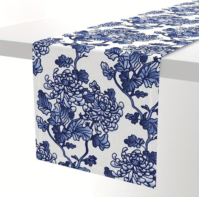 JMG Household Supplies Tischläufer aus Leinen mit blau-weißem Porzellan-Pfingstrosen-Blumenmuster, B/L: 33 x 150 cm - Bild 1
