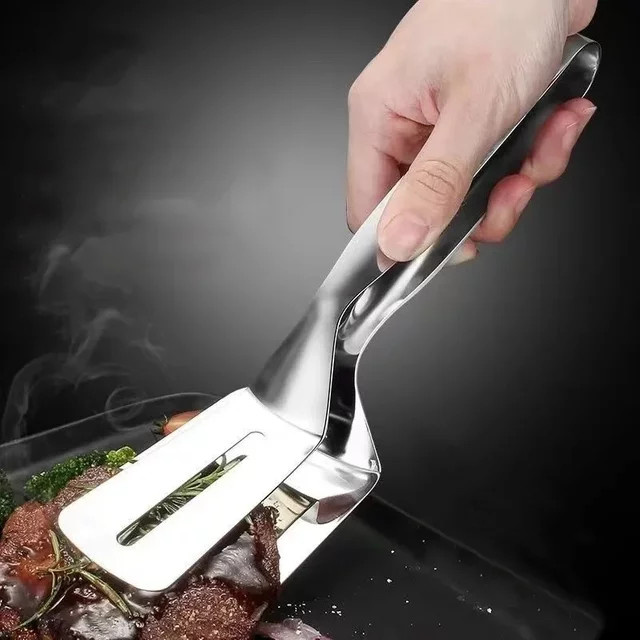 HOCOSHINE BBQ Grill Zange aus Edelstahl in Silber mit doppelseitiger Schaufel und Clip für Steak, Fisch und Gemüse - Bild 1