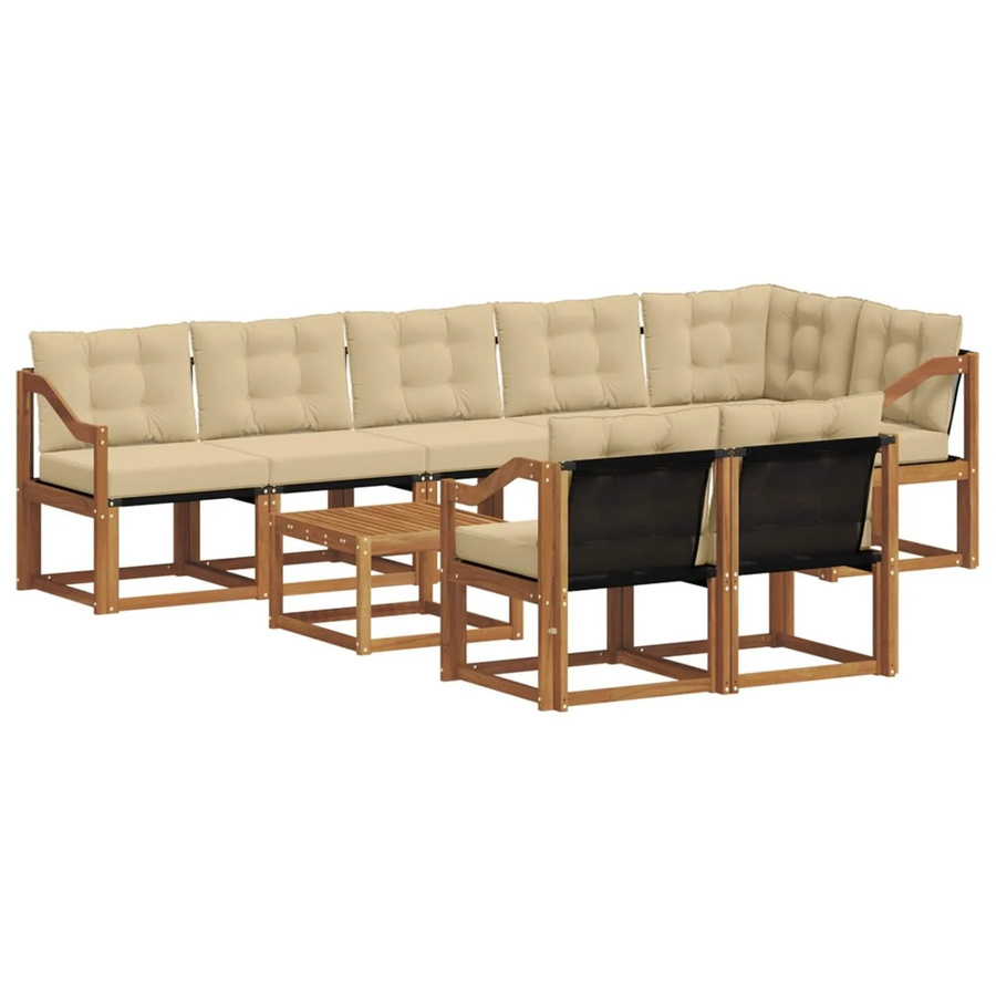 vidaXL Outdoor-Sofagarnitur aus Akazienholz und Textilene in Natur und Beige, 9-teiliges L-Shape Set mit Kissen und Armlehnen - Bild 2