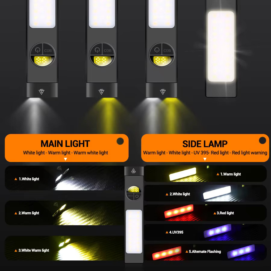 Tragbare taktische EDC-Taschenlampe in Schwarz mit 400 lm, wiederaufladbare USB-LED-Taschenlampe mit Warn-LED und magnetischem Notfall-Arbeitslicht für Camping und Wandern - Bild 4