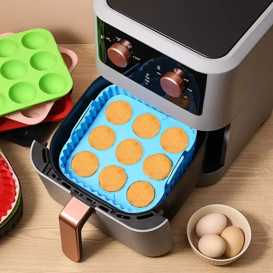 2-teiliges quadratisches Silikon-Set für Heißluftfritteusen, lebensmittelechtes Zubehör zum Backen und für Muffin-Formen, Schwarz - Bild 4