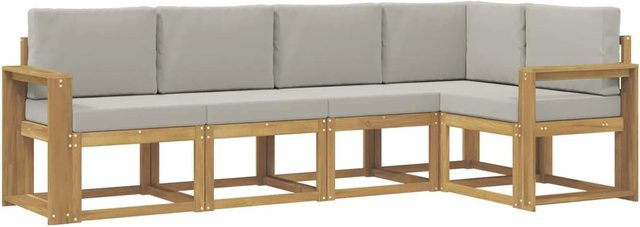 vidaXL Outdoor-Sofagarnitur in L-Form aus Akazienholz mit Kissen, 5-teilig, Weiß-Hellgrau - Bild 1