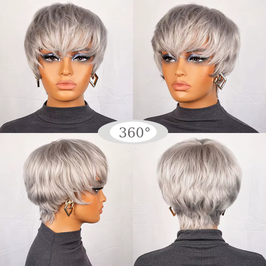 OYM HAIR Herren-Kurzhaarperücke, silbergrau, Pixie-Schnitt, Echthaar - Bild 4