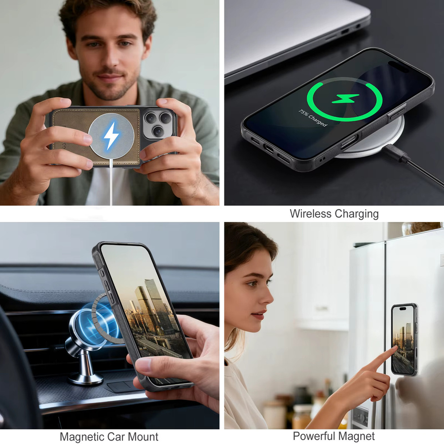 HKNR 2-in-1 Leder-Handyhülle mit abnehmbarer Geldbörse und Buchständer, magnetische MagSafe Kartenhülle für iPhone 17 Air 16 15 14 Plus 13 12 Pro Max, Schwarz und Braun - Bild 4
