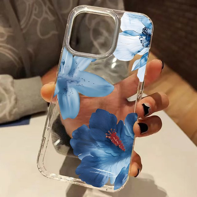 Transparente Silikon Handyhülle mit blauem Hibiskus-Blumenmuster für Apple iPhone 11 bis iPhone 17 Pro Max und weitere Modelle - Bild 1
