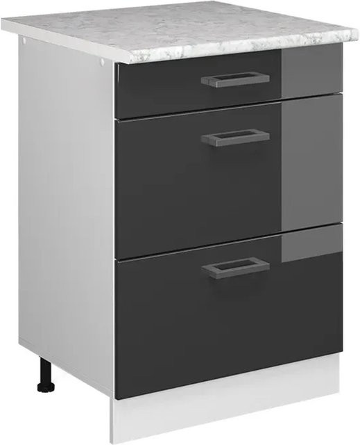 Vicco Küchenunterschrank R-Line in Anthrazit Hochglanz und Weiß mit Schubladen und Marmor-Arbeitsplatte, Breite: 60 cm, Höhe: 82 cm, Tiefe: 31,03 cm - Bild 1