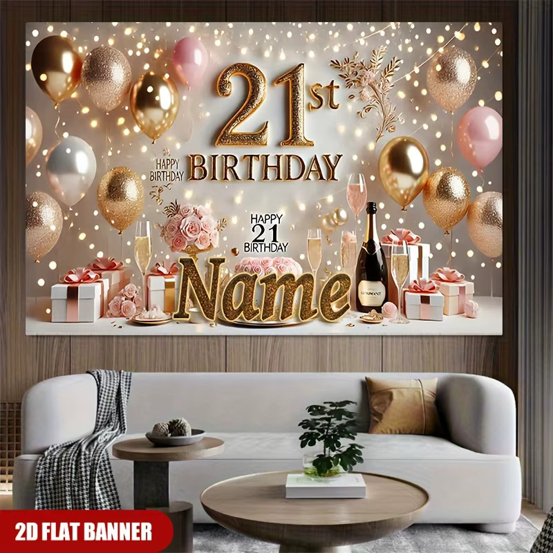 VIKAMA Party Wandteppich zum 21. Geburtstag mit Champagner- und Blumenmotiv in Pink - Bild 2