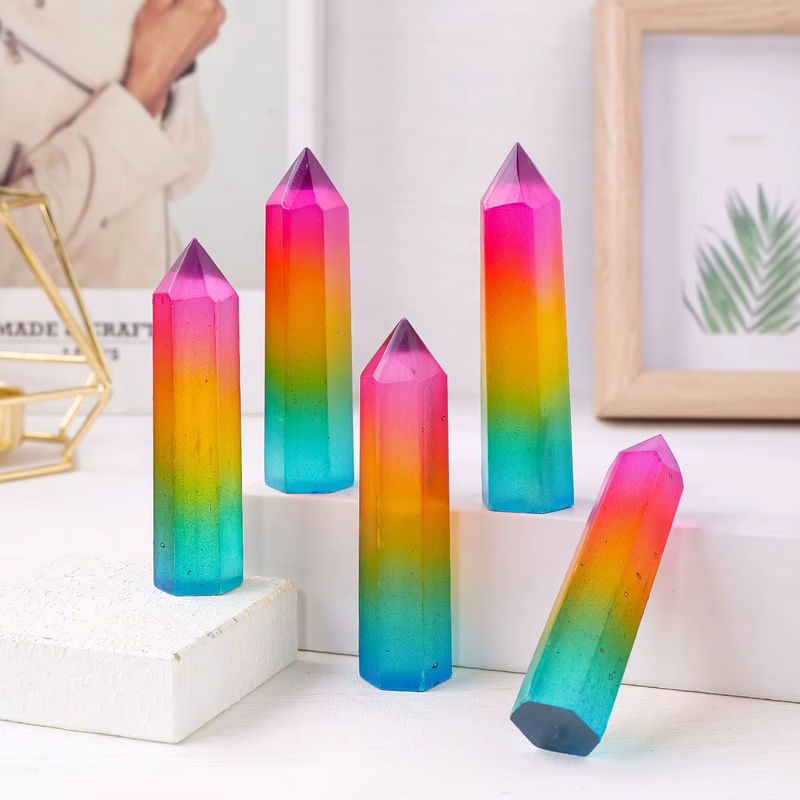 Runyangshi Selenit Kristall Turm in sechseckiger Prisma-Form, mehrfarbig, geometrisches Naturstein-Dekorobjekt - Bild 3