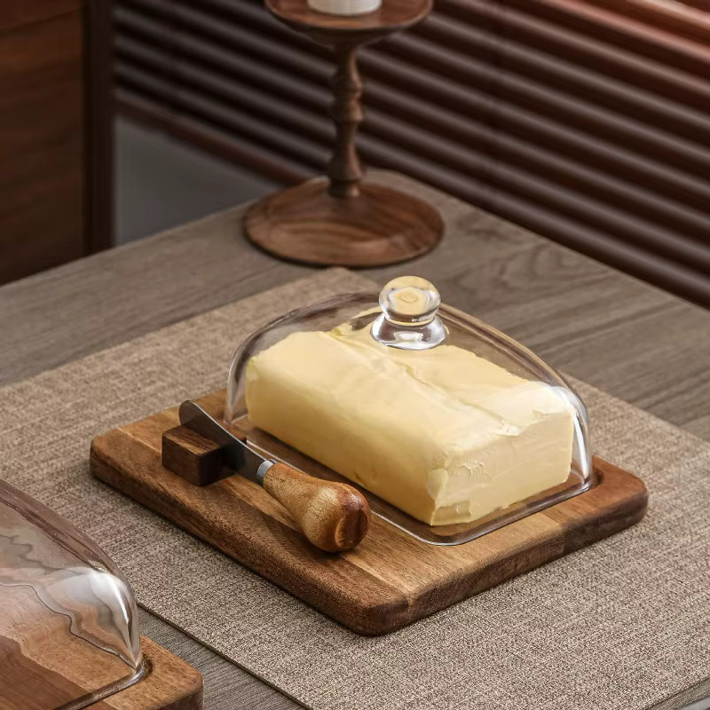 Servierset aus Akazienholz mit Glasdeckel und Messer in Braun für Butter, Käse oder Dessert - Bild 2