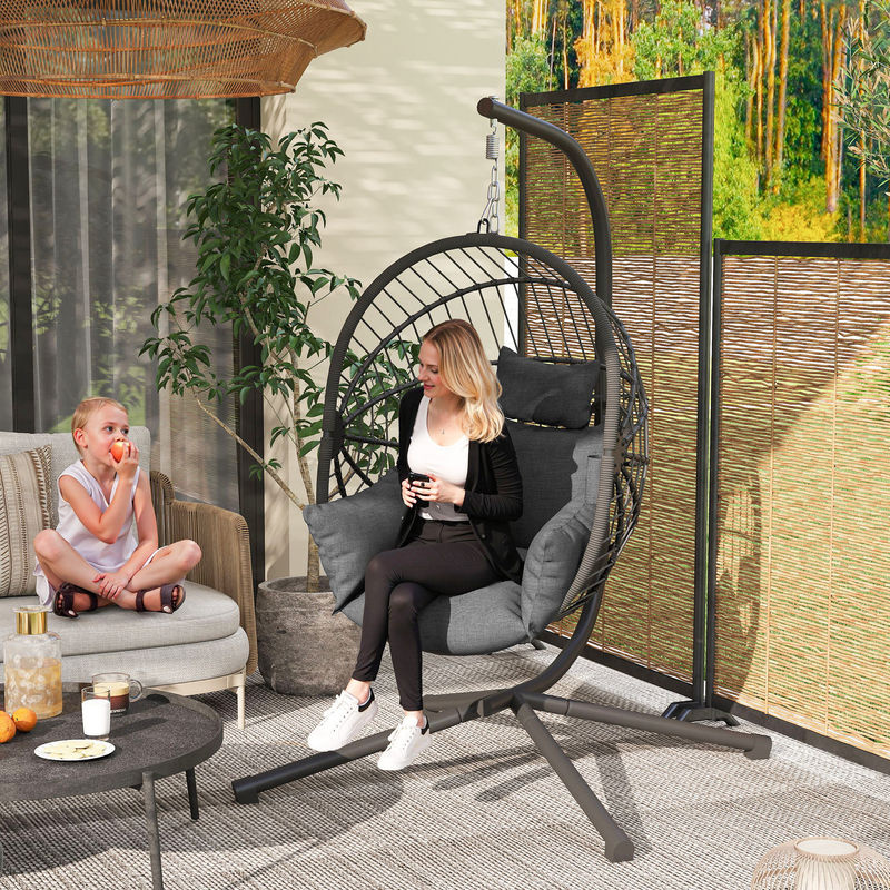 Outsunny Hängesessel Hängeschaukel in Rattanoptik mit Kissen und Becherhalter, klappbarer Sitzkorb aus Stahl in Grau - Bild 2