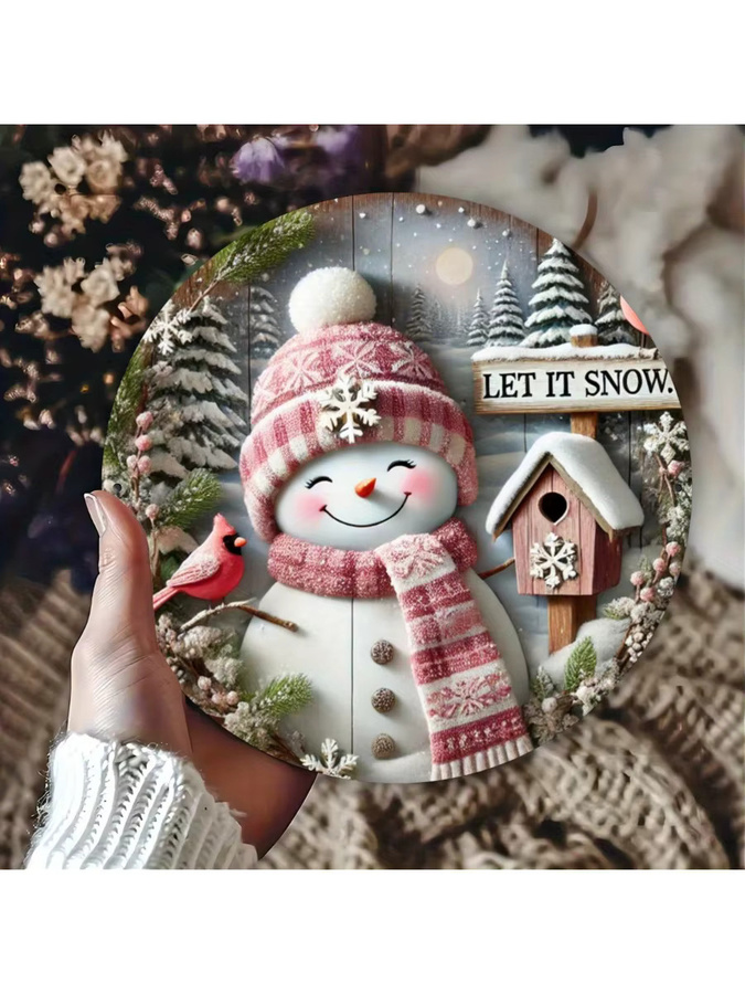 Potdemiel Metallschild Schneemann-Thema Rosa, Runde Blechwandkunst für Bar und Café, Durchmesser: 20,32 cm - Bild 5