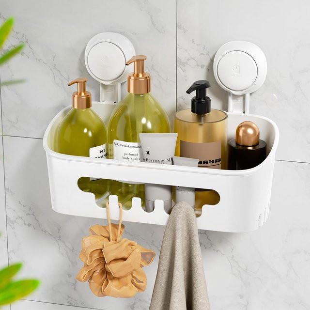 TAILI Duschablage mit Saugnapf als Eckablage für das Badezimmer, weißer Aufbewahrungskorb für Shampoo und Make-up, bohrfreie Montage - Bild 1