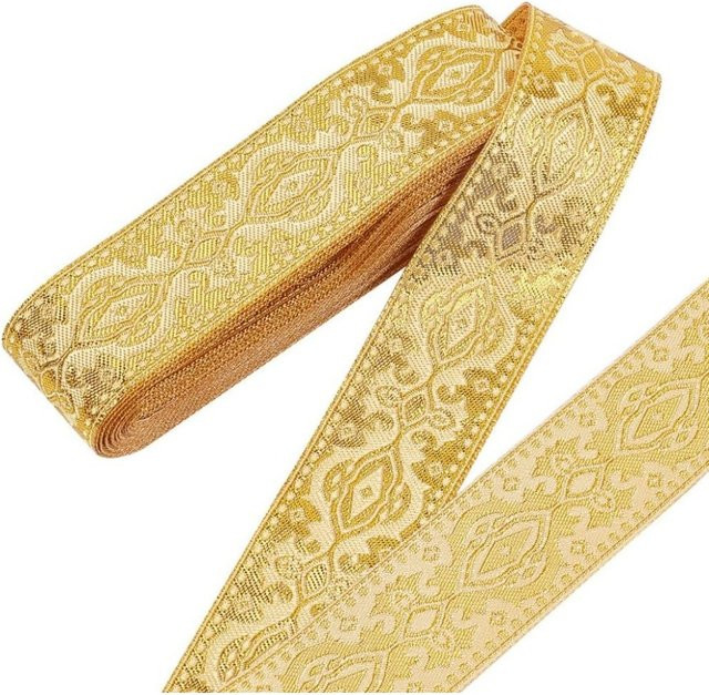 Jacquardband im Ethno-Stil aus Polyester in Gold, Breite: 3,5 cm, Länge: 8 m - Bild 1