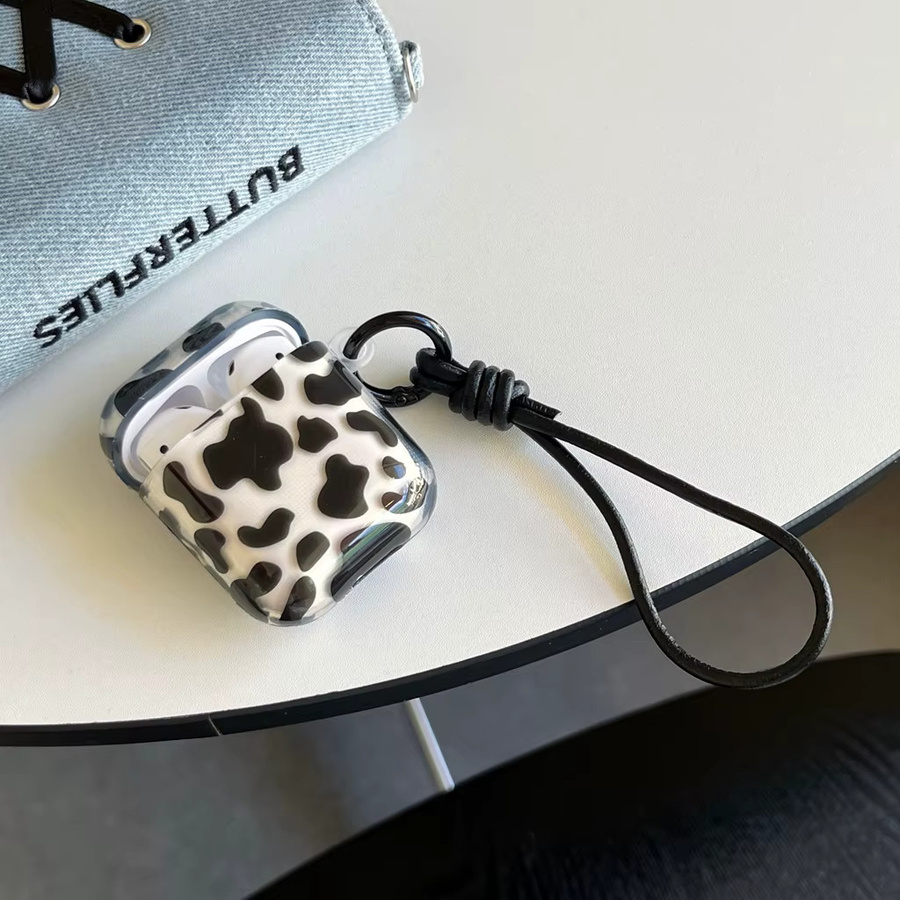 Leder-Lanyard Kopfhörerhülle mit Kuhmuster für Apple AirPods 1, 2, 3, 4 und Pro in Schwarz-Weiß - Bild 5