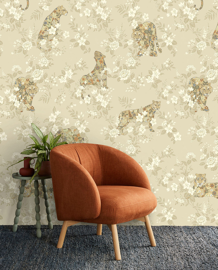 Eijffinger Tapete Big Cats mit Tiger und Blumen in Beige - Bild 1