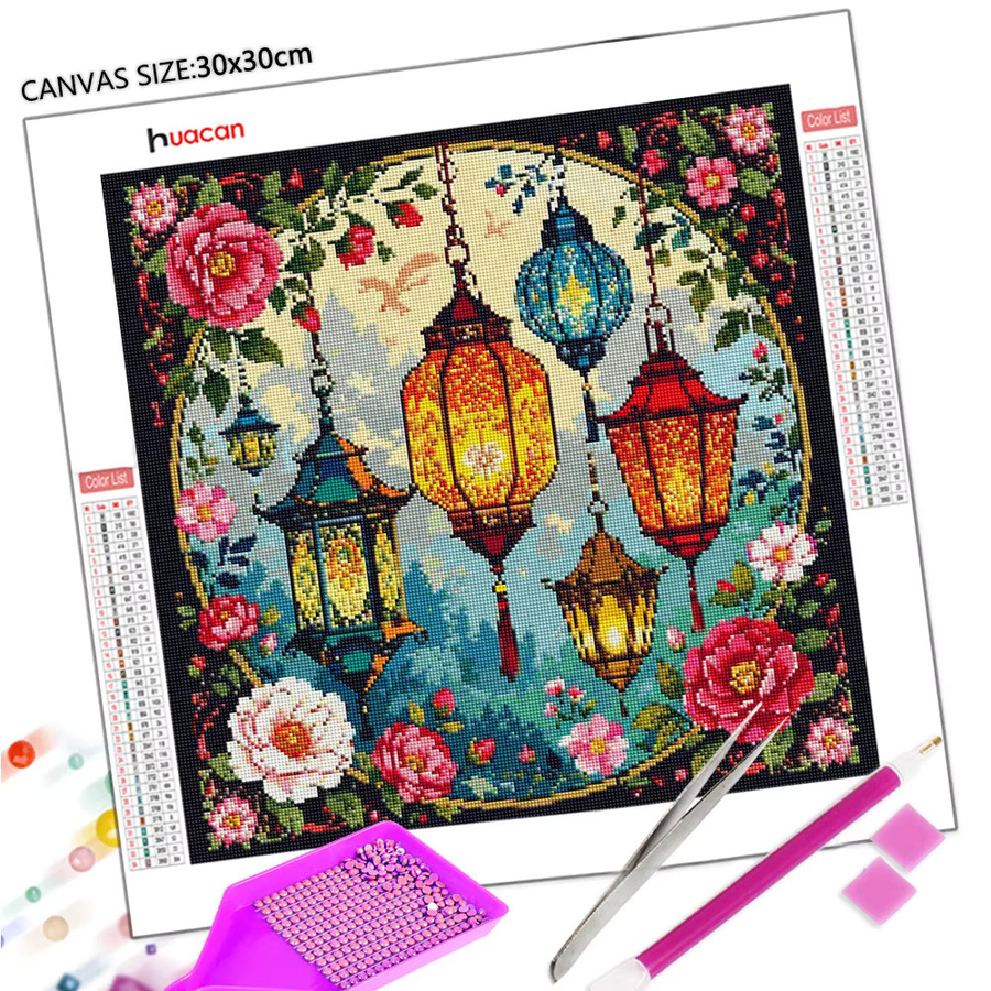 Huacan Diamantmalerei Blumen 5D DIY Stickerei Set mit runden Strass Steinen in Multicolour, Durchmesser: 20 cm - Bild 2