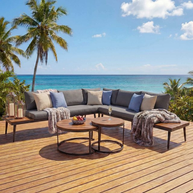 MCW Garten-Garnitur H54c Lounge-Set aus Akazienholz und Stahl in Braun mit dunkelgrauen Kissen - Bild 1