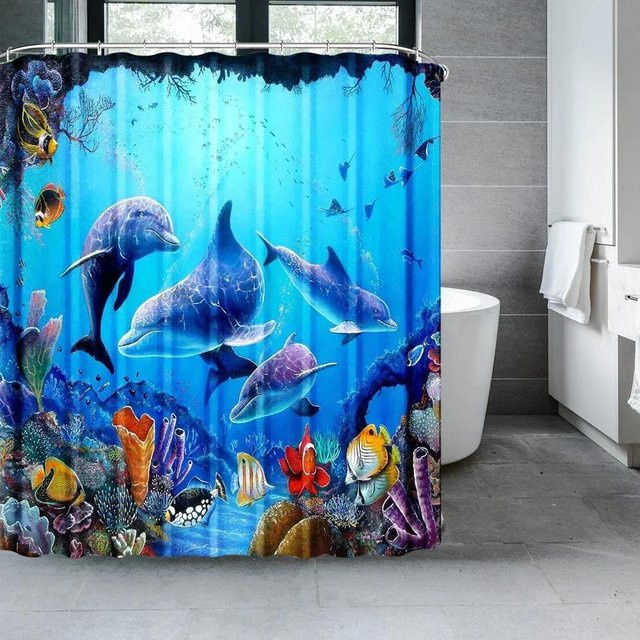 Duschvorhang-Set mit Meeres-Unterwasserwelt und Delfin in Blau aus Polyester - Bild 1