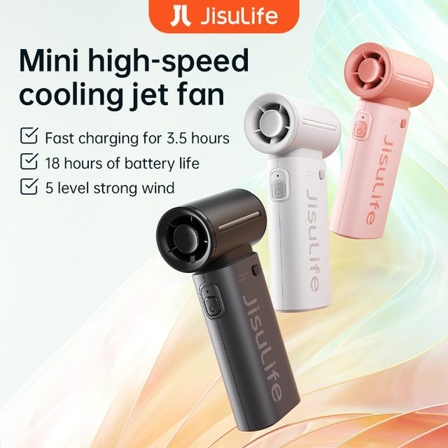 JISULIFE Handheld Turbo Mini Ventilator mit 5 Geschwindigkeiten, 5000mAh Akku, USB aufladbar, Schwarz und Multicolour - Bild 1