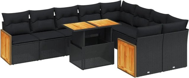 vidaXL 10-teilige Garten-Sofagarnitur aus Poly-Rattan und Akazienholz in Schwarz mit Kissen - Bild 1