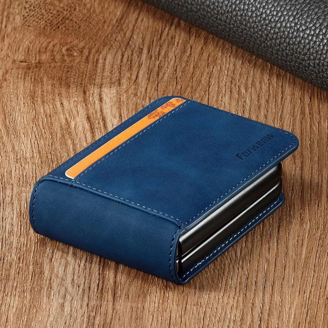 Ultra dünne Flip-Lederhülle für Samsung Galaxy Z Flip 5 mit Kartensteckplatz und magnetischem Geldbörsen-Halter in Blau - Bild 1